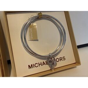 Michael Kors‎ Silver Tone Triple Bangle Bracelet w Key Charm NWT Boxed